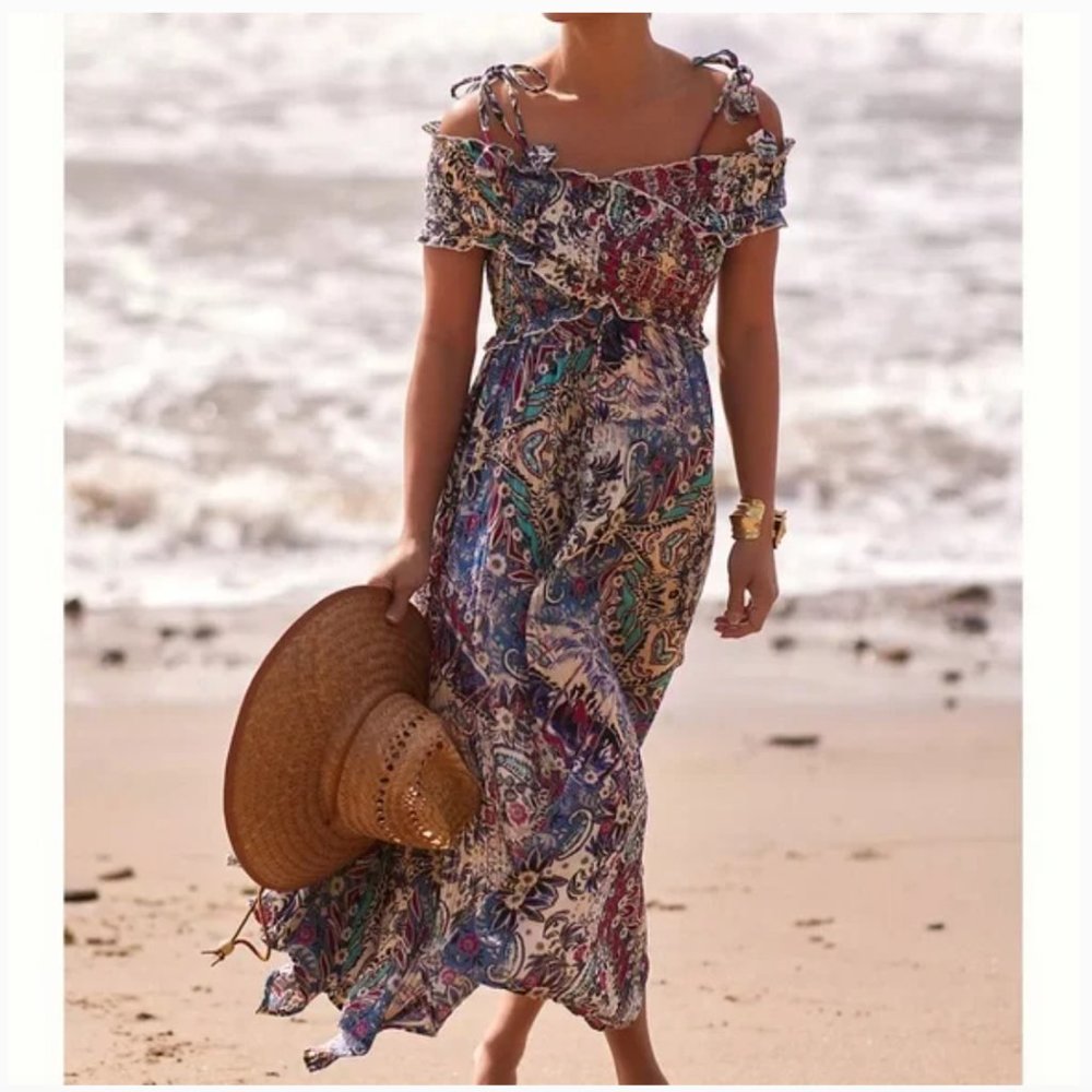 NWT Anthropologie | Blue Tan Smocked Gauze Criss-Cross Paisley Print Maxi Dress